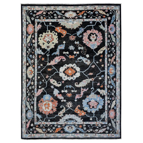 Charcoal Black Afghan Angora Oushak with Branch and Flower Design Natural Dyes, Soft Wool Hand Knotted, Oriental 