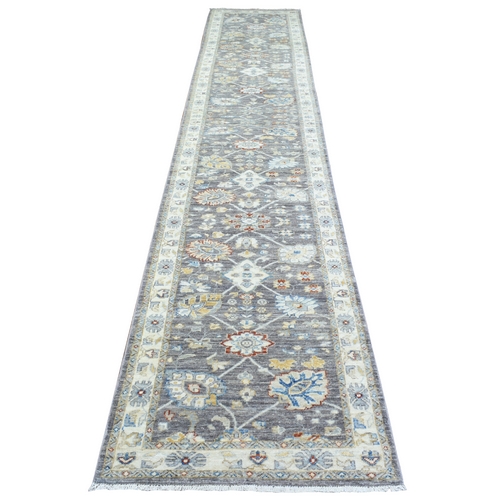 Metal Gray, Fine Peshawar with All Over Design, Natural Dyes Densely Woven, Soft Organic Wool Hand Knotted, Runner Oriental Rug
