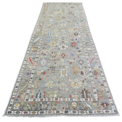 Taupe Afghan Angora Oushak with Colorful Motifs Natural Dyes, Soft Wool Hand Knotted Runner Oriental 