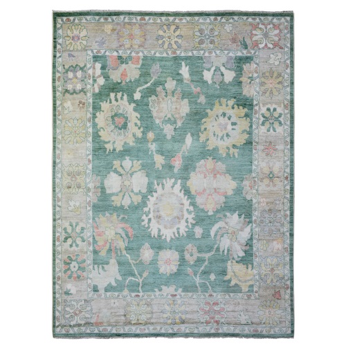 Hedge Green, Afghan Angora Oushak with Colorful Leaf Design, Vegetable Dyes, Natural Wool, Hand Knotted, Oriental Rug