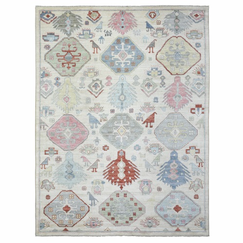 Ivory, Anatolian Village Inspired Geometric Medallion Design with Animal Figurines, Natural Dyes Pure Wool, Hand Knotted Oriental Rug
