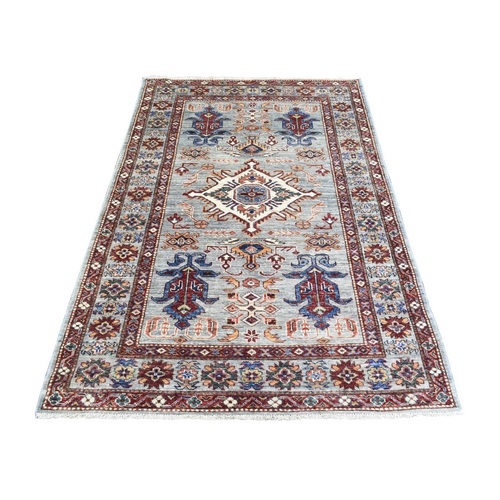 Cloud Gray, Hand Knotted, Afghan Super Kazak with Large Medallion Design, Natural Dyes, Densely Woven, Organic Wool, Oriental Rug