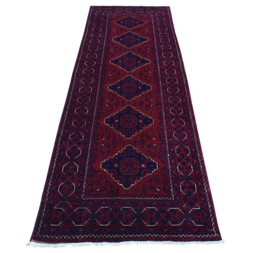 Deep and Saturated Red Hand Knotted, Afghan Khamyab, Geometric Medallions Runner Oriental Rug