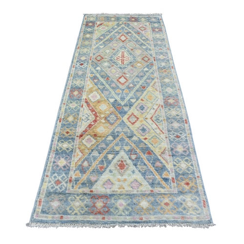 Colorful, Hand Knotted Natural Dyes Soft Wool, Anatolian Village Inspired with Large Elements Design Runner Oriental Rug