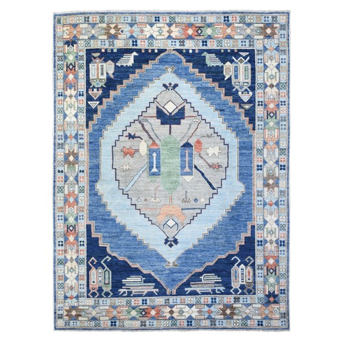 Blue Hand Knotted Natural Dyes Soft and Supple Wool, Anatolian Village Inspired with Large Medallion Design Oriental Rug