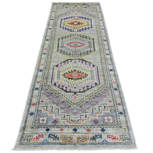 Gray Anatolian Village Inspired Geometric Medallion Design, Natural Dyes Pure Wool, Hand Knotted Runner Oriental Rug