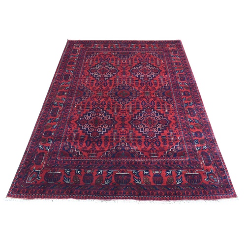 Deep and Saturated Red Hand Knotted With Tribal Design, Soft and Shiny Wool Afghan Khamyab Oriental Rug