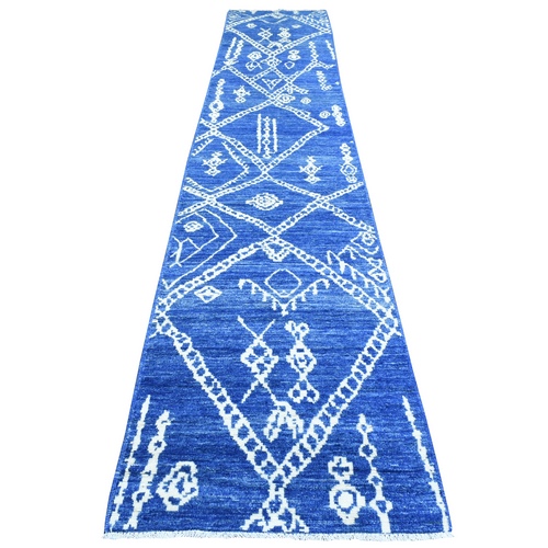 Denim Blue, Soft Organic Wool Hand Knotted, Boujaad Moroccan Berber Design with Geometric Triangular Design, Natural Dyes, Runner Oriental 