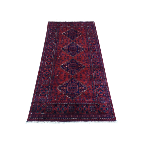 Deep and Saturated Red, Soft and Shiny Wool Hand Knotted, Afghan Khamyab with Geometric Medallions, Runner Oriental 