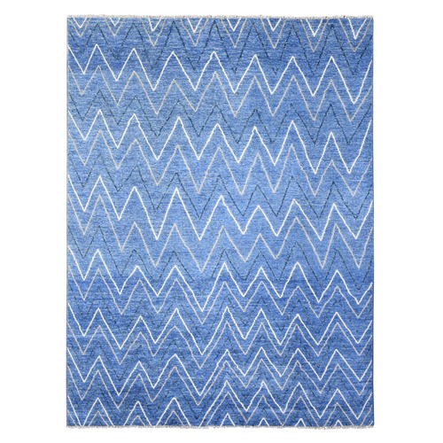 Denim Blue, Boujaad Moroccan Berber Design with Zig Zag Chevron Design Natural Dyes, Pure Wool Hand Knotted, Oriental Rug
