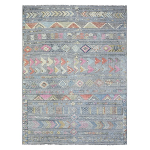 Gray, Hand Knotted Anatolian Village Inspired With Small Triangular Design, Natural Wool, Runner Oriental Rug