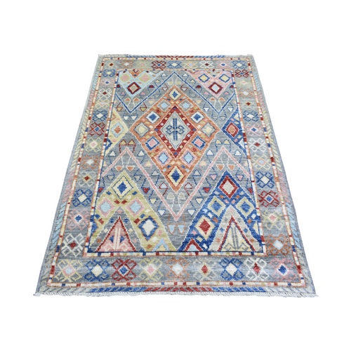 Colorful, Hand Knotted Anatolian Village Inspired with Triangles Design, Natural Dyes Soft Wool Oriental Rug