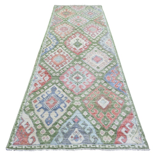 Colorful, Anatolian Village Inspired with Large Elements, Natural Dyes Hand Knotted Soft Wool Runner Oriental Rug
