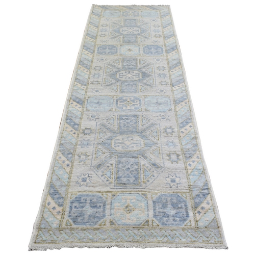 Light Gray, Anatolian Village Inspired with Geometric Design Natural Dyes, Soft Wool Hand Knotted, Runner Oriental Rug
