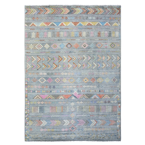 Gray, Anatolian Village Inspired Geometric Design, Natural Wool, Hand Knotted Oriental Rug