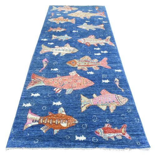 Sapphire Blue, Hand Knotted Afghan Peshawar with Colorful Oceanic Fish Design, Densely Woven Natural Dyes, Extra Soft Wool, Wide Runner Oriental 