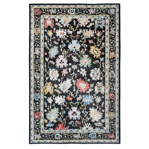 Olive Black, Afghan Angora Oushak with Colorful Motifs Natural Dyes, Soft Wool Hand Knotted, Oversized Oriental Rug