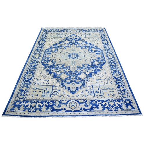 Bayern Blue, Densely Woven Natural Dyes, Natural Wool Hand Knotted, Finer Peshawar with Heriz Medallion Design, Oriental 