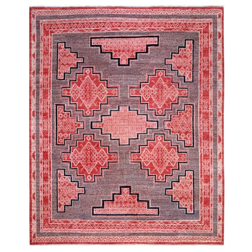 Chili Red, Soft Wool Hand Knotted, Fine Peshawar with Intricate Geometric Motifs Dense Weave, Oriental Rug