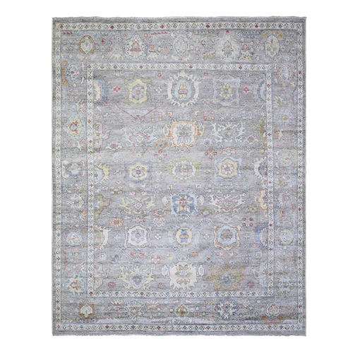 Silver Gray, Pure Wool, Afghan Angora Oushak with Colorful Geometric Leaf Design, Hand Knotted, Vegetable Dyes Oriental 