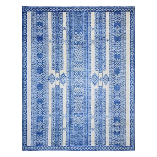 Dutch Blue, Fine Peshawar with Intricate Geometric Motifs Densely Woven, Organic Wool Hand Knotted, Oriental 