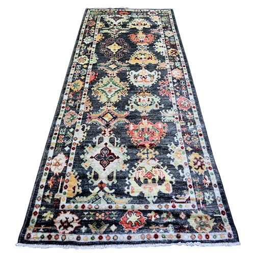 Charcoal Black, Afghan Angora Oushak with Pop of Color, Geometric Leaf Design, Vegetable Dyes, Soft Wool, Hand Knotted Wide Runner Oriental Rug