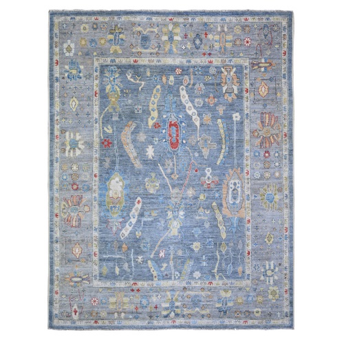 Steel Blue, Soft Wool Hand Knotted, Afghan Angora Oushak with Colorful Motifs Vegetable Dyes, Oriental Rug