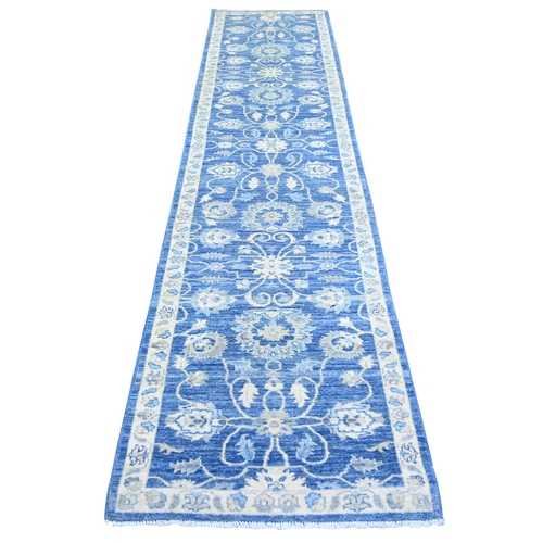 Bayern Blue, Soft Wool Hand Knotted, Finer Peshawar with Mahal Design, Densely Woven Natural Dyes, Runner Oriental 