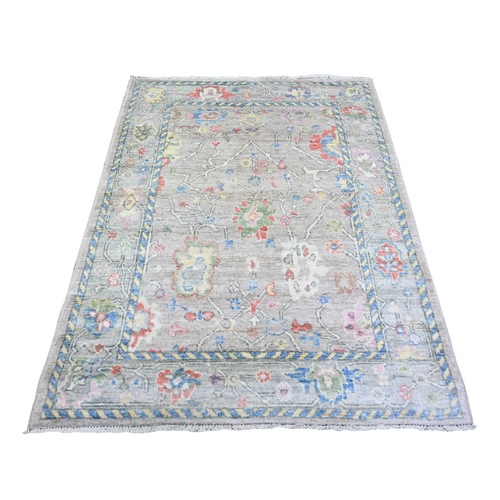 Gray, Afghan Angora Oushak with Floral Motifs, Vegetable Dyes, Pure Wool, Hand Knotted Oriental 