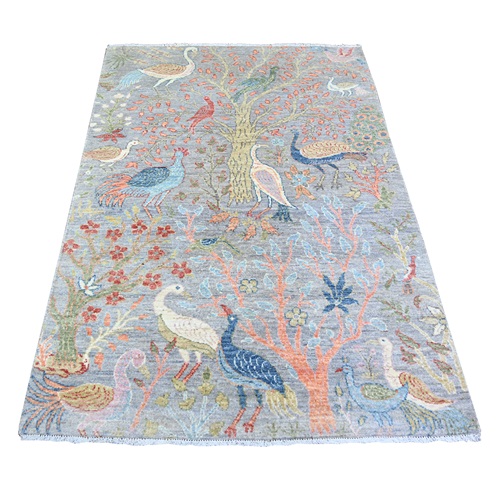 Cloud Gray, Hand Knotted Afghan Peshawar with Birds of Paradise, Natural Dyes Pure Wool, Oriental 