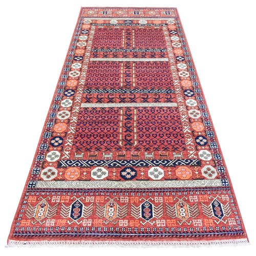 Prismatic Red, Hand Knotted Afghan Ersari with Hutchlu Design, Soft and Lush Pile Vegetable Dyes, Pure Wool, Wide Runner Oriental 