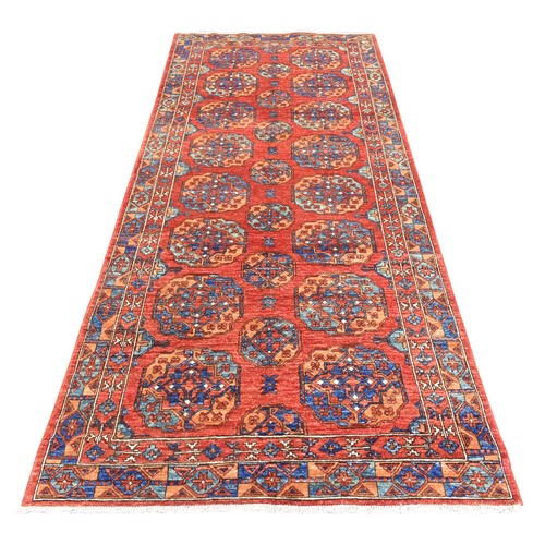 Prismatic Legacy Red, Hand Knotted Afghan Ersari with Elephant Feet Design, Soft and Lush Pile Vegetable Dyes, 100% Natural Wool, Wide Runner Oriental 