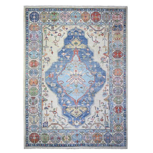 Ivory, Anatolian Village Inspired with Geometric Medallion Design Natural Dyes, Pure Wool Hand Knotted, Oriental Rug