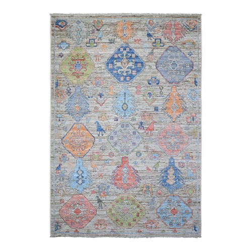 Taupe, Vegetable Dyes Soft and Shiny Wool, Hand Knotted Anatolian Village Inspired Geometric Medallions with Animal Figurines, Oriental Rug