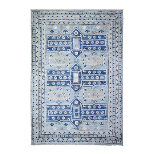 Light Blue, Vegetable Dyes Soft and Shiny Wool, Hand Knotted Anatolian Village Inspired with Large Elements Design, Oriental Rug