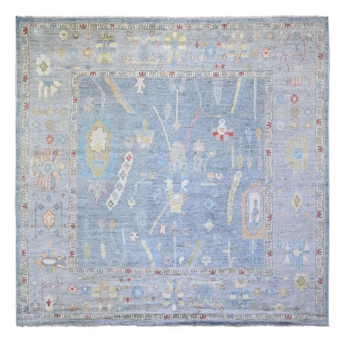 Periwinkle Blue, Hand Knotted Afghan Angora Oushak with Soft Colors, Natural Dyes Natural Wool, Square Oriental Rug