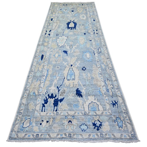 Ruddy Blue, Natural Dyes Pure Wool, Hand Knotted Afghan Angora Oushak with Faded Out Colors, Wide Runner Oriental 