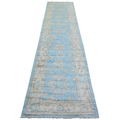 Beau Blue, Afghan Angora Oushak with Floral Motif Natural Dyes, Pure Wool Hand Knotted, Runner Oriental 