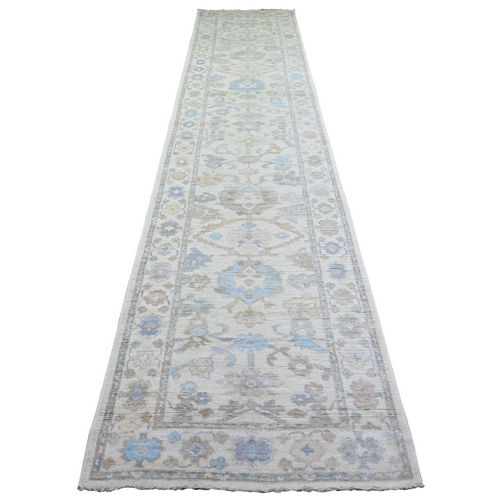 Ivory, Soft Wool Hand Knotted, Afghan Angora Oushak with Floral Motif Natural Dyes, XL Runner Oriental 