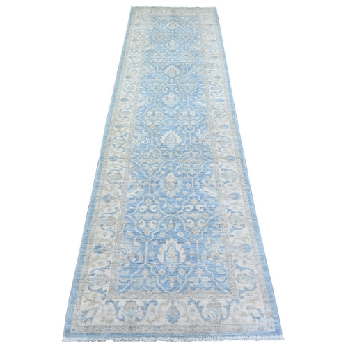 Beau Blue, Natural Dyes Finer Peshawar with Soft Colors, 100% Wool Hand Knotted, Runner Oriental 