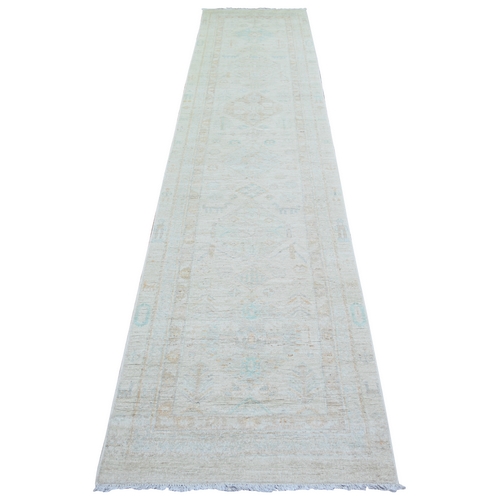 White Wash Peshawar with Faded Colors Vegetable Dyes, Soft Wool Hand Knotted, Runner Oriental 