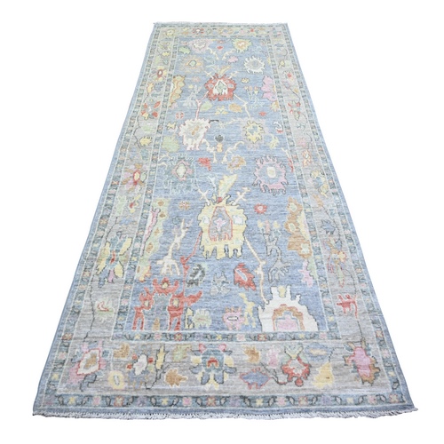 Air Force Blue, Hand Knotted Afghan Angora Oushak with Colorful Motifs, Natural Dyes Pure Wool, Wide Runner Oriental 