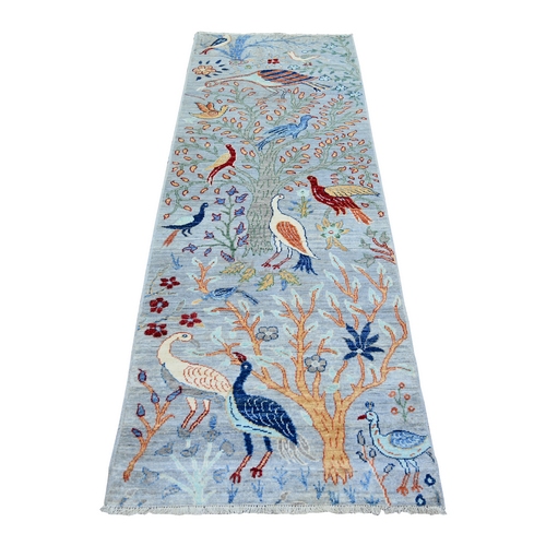Ash Gray, Afghan Peshawar with Birds of Paradise Design, Vegetable Dyes, 100% Wool, Hand Knotted, Runner Oriental Rug