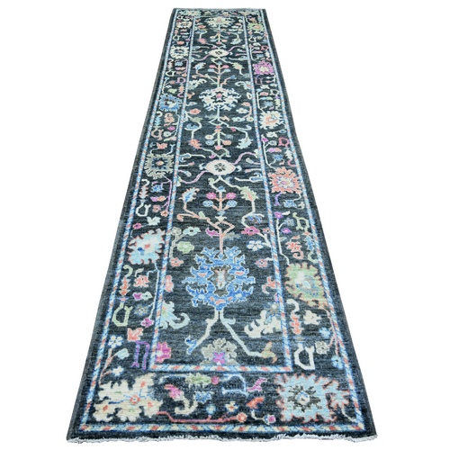 Gunmetal Black, Afghan Angora Oushak With All Over Vines and Floral Pattern, Natural Dyes, Soft Wool, Hand Knotted, Runner Oriental 