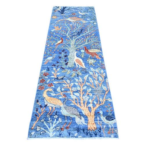 Queen Blue, Afghan Peshawar with Birds of Paradise Design, Natural Dyes, Extra Soft Wool, Hand Knotted, Runner Oriental 