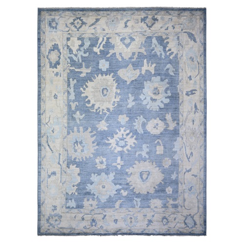 Air Superiority Blue, Hand Knotted Afghan Angora Oushak with Large Motifs, Vegetable Dyes 100% Wool, Oriental 