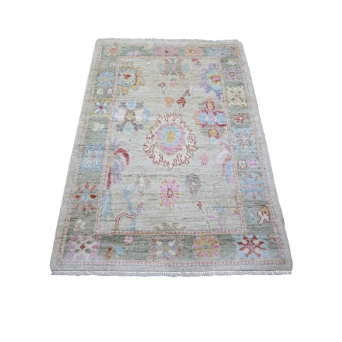 Cloud Gray, Afghan Angora Oushak with Colorful Motifs, Natural Dyes, 100% Wool, Hand Knotted, Oriental 
