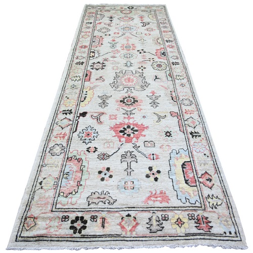 Spring Gray, Soft Wool, Hand Knotted, Afghan Angora Oushak with Colorful Pattern, Natural Dyes, Runner Oriental Rug