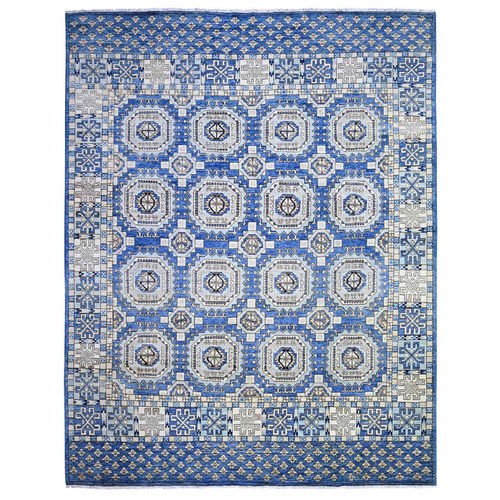 Bayern Blue, Afghan Ersari with Repetitive Rosettes Gul Design, Soft and Lush Pile Natural Dyes, Soft Wool Hand Knotted, Oriental Rug