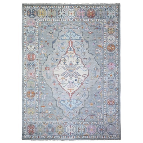 Cloud Gray, Anatolian Village Inspired with Large Medallion Natural Dyes, Extra Soft Wool Hand Knotted, Oriental Rug